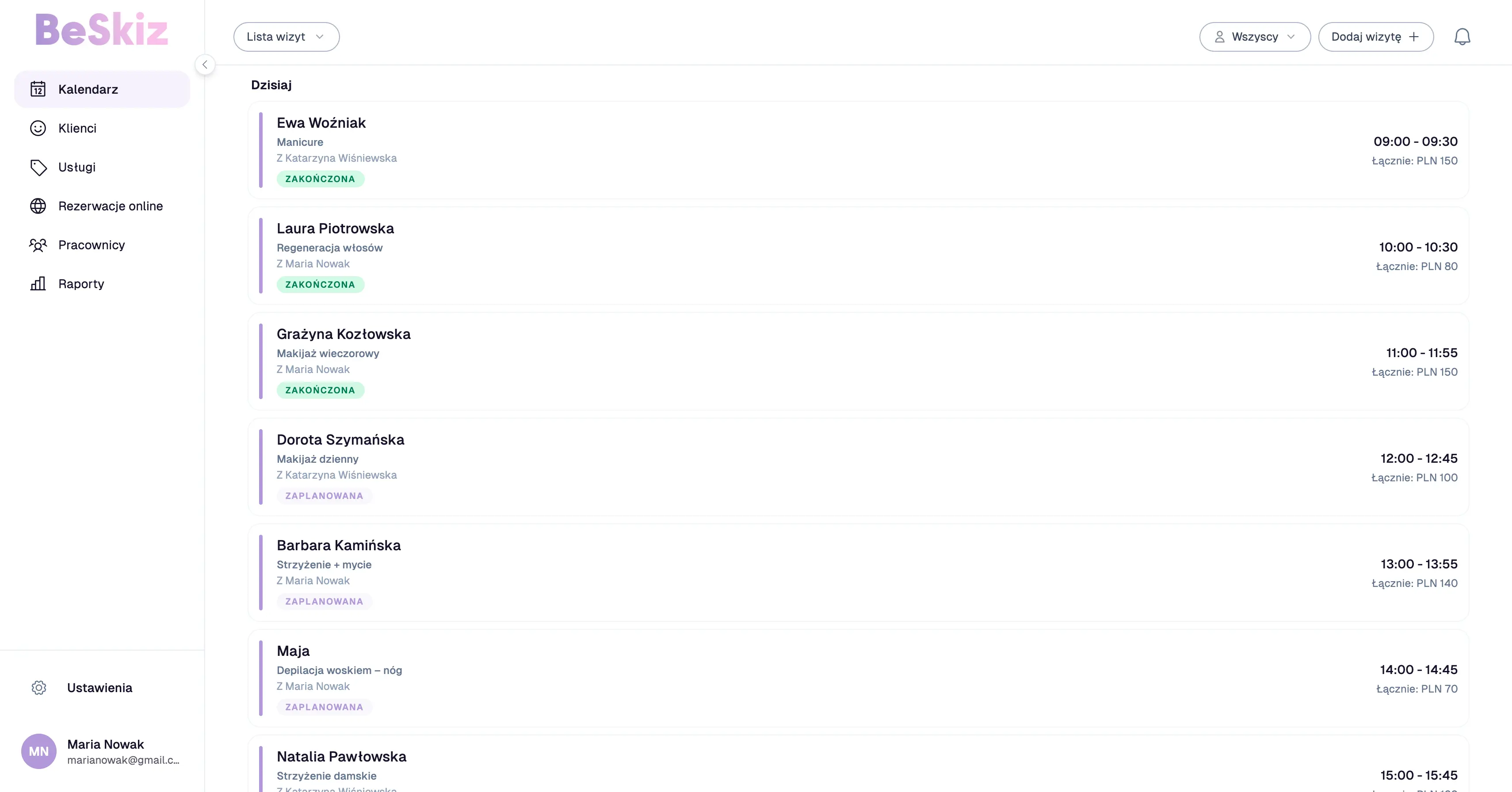 Lista wizyt – jeden prosty widok dnia, BeSkiz
