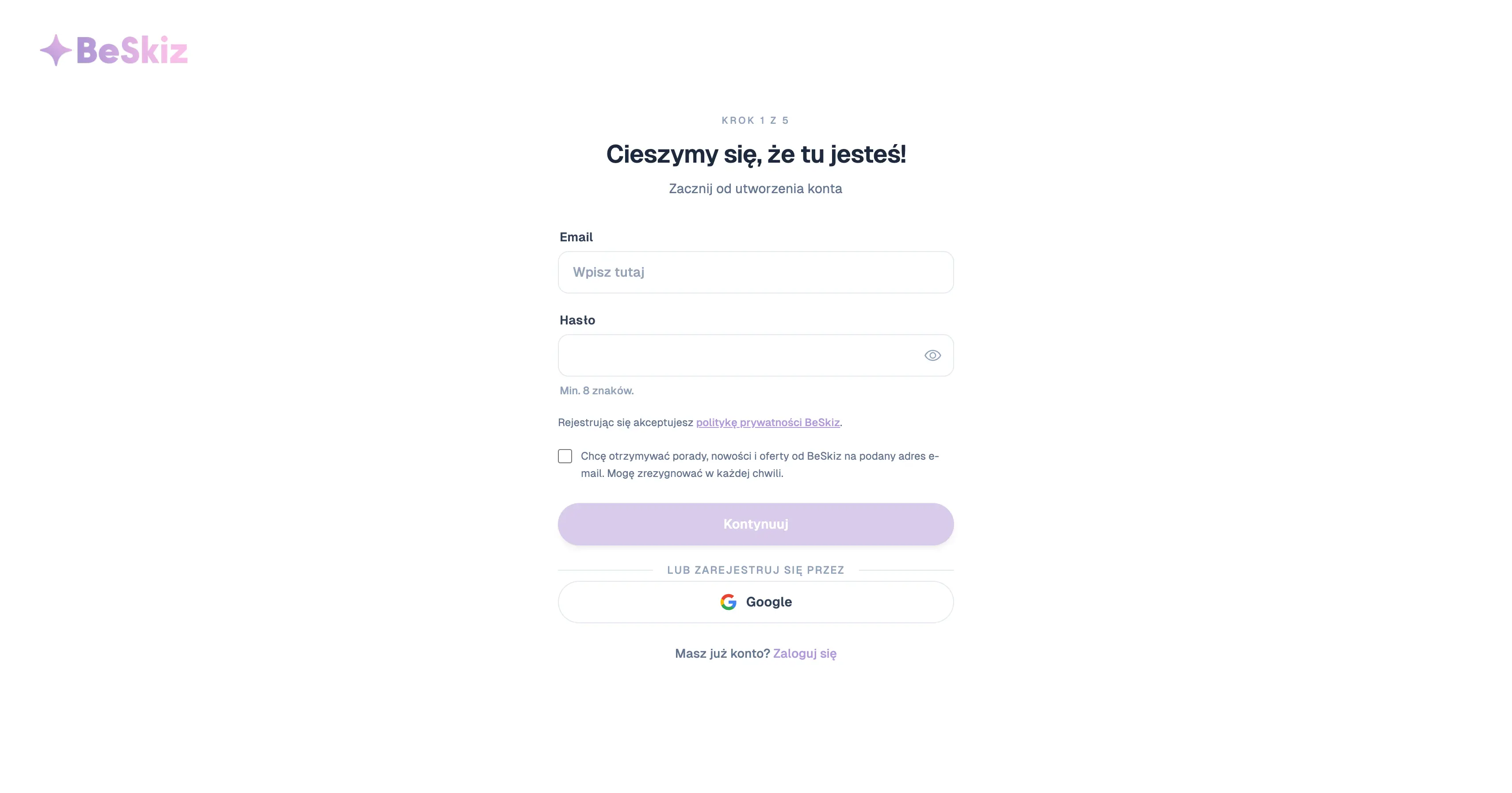 Strona rejestracji konta w BeSkiz