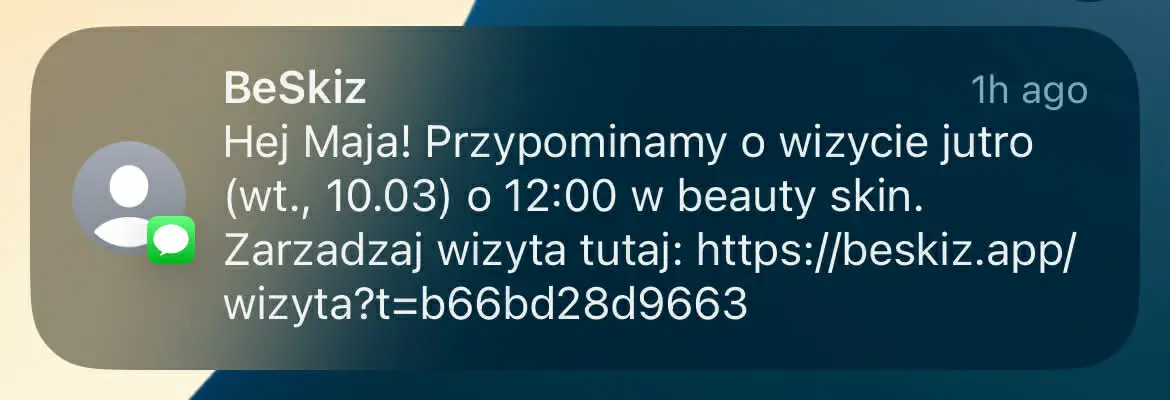 Przykład SMS z przypomnieniem o wizycie BeSkiz